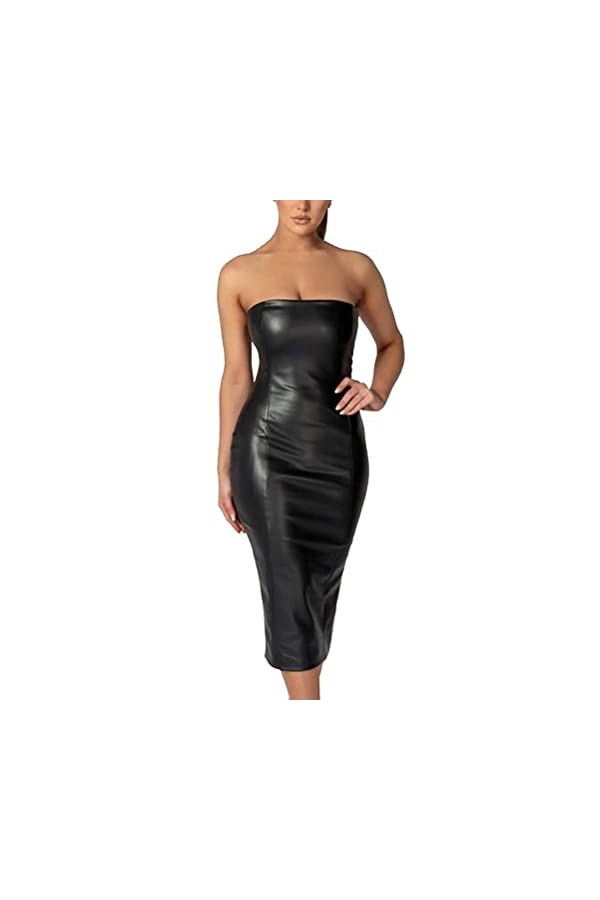 seiveini Robe Sexy en Cuir Femme Robe Moulante Chic Wetlook Clubwear Robe Bodycon de Cocktail Fête Vintage Verni Mini Dress C
