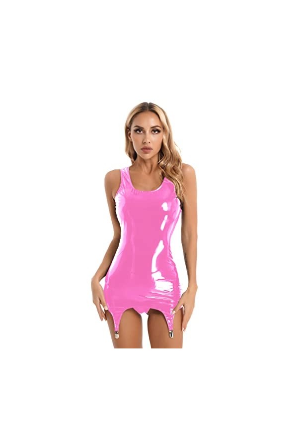 Doomiva Mini Robe Sexy en Cuir Mouillé Taille S à 4XL Robe Wetlook sans Manches pour Fête Clubwear Rose Vif L