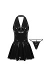 Oyolan Mini Robe Courte Sexy Femme Cuir Verni Halter Neck Top Dos Nu Erotique Robe Moulante Body Wetlook Costume Soirée Cockt