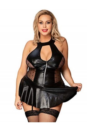 ohyeahlady Robe Cuir Femme Sexy Hot avec Jarretelles Robe Moulante Courte Mini Robe Club Libertin Clubwear Wetlook Cocktail S