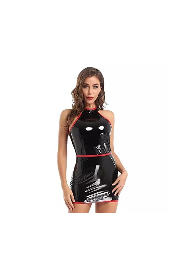 LSCOLO Robe en latex pour femme, robe sexy en cuir, jupe en latex brillant, robe portefeuille sexy en cuir verni PVC, Noir , 