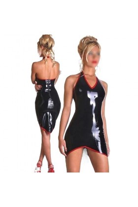 ASNAT Latex Naturel Femmes Noir Halter Latex Caoutchouc Costumes Dos Nu Robe en Latex avec Fermeture Éclair au Dos, Noir W Ro