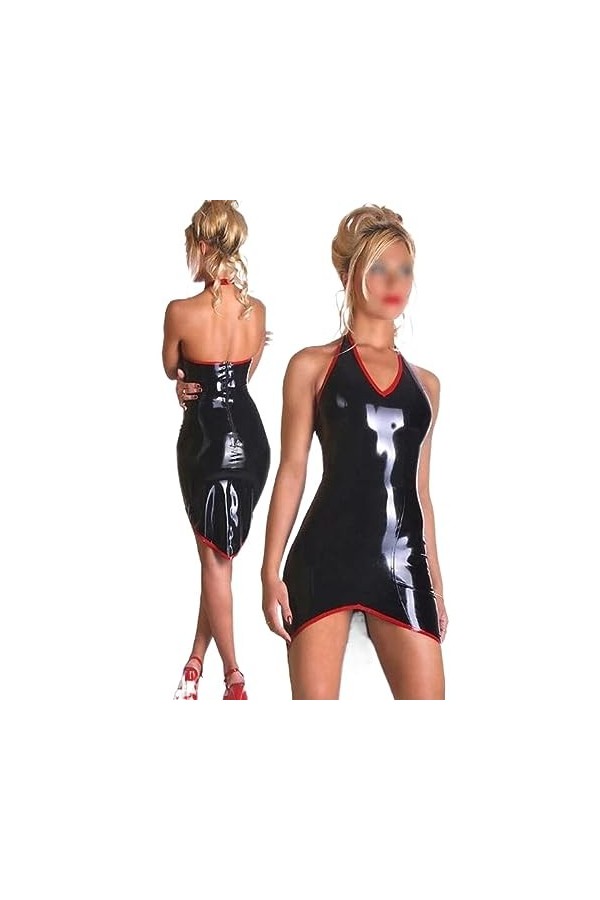 ASNAT Latex Naturel Femmes Noir Halter Latex Caoutchouc Costumes Dos Nu Robe en Latex avec Fermeture Éclair au Dos, Noir W Ro