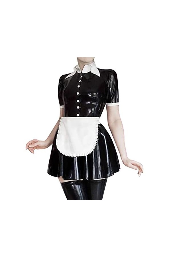 Latex NaturelRobes Sexy en Latex de Femme de Chambre française Noire et Blanche avec Tablier à Volants Boutons sur Le Avant e