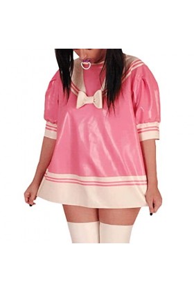 Latex Naturel Rose et Blanc Sexy Robe en Latex Ample avec Demi-Manches Pull sur Uniforme en Caoutchouc Combishort Moulante, R