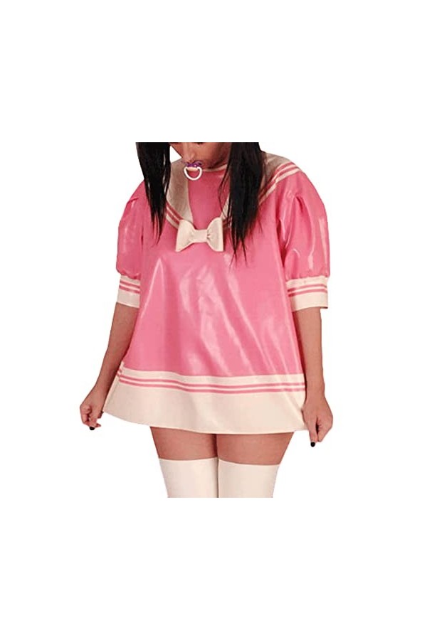 Latex Naturel Rose et Blanc Sexy Robe en Latex Ample avec Demi-Manches Pull sur Uniforme en Caoutchouc Combishort Moulante, R