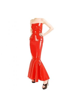 ASNAT Latex Naturel sans Manches Rouge Sexy Longue Queue de Poisson Robe en Latex Combinaison Moulante en Caoutchouc Volants 