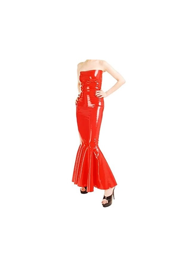 ASNAT Latex Naturel sans Manches Rouge Sexy Longue Queue de Poisson Robe en Latex Combinaison Moulante en Caoutchouc Volants 