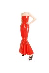 ASNAT Latex Naturel sans Manches Rouge Sexy Longue Queue de Poisson Robe en Latex Combinaison Moulante en Caoutchouc Volants 