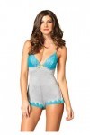 Leg Avenue Petit Gris et Bleu fluo pour femme pyjama en jersey brossé dentelle teddy Heather