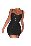 FeMereina Mini robe moulante en latex avec bretelles spaghetti et col en V en simili cuir dos nu effet mouillé, Noir , M