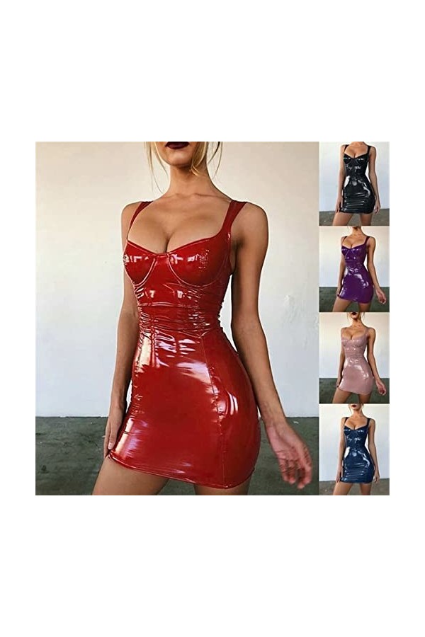 Gellmall Femme Robes en PU Cuir Clubwear Wetlook Bodycon Tirant Mini-Robe Courte Sexy Robe de Fête Érotique L