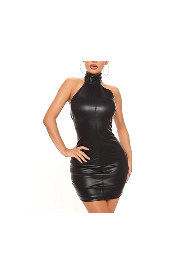 seiveini Robe Sexy en Cuir Femme Robe Latex Simili Mini Robe Moulante Col en V Clubwear Robe San Manche Robe de Club à Enfile