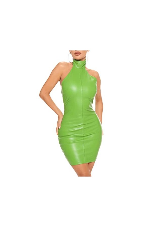 seiveini Robe Sexy en Cuir Femme Robe Latex Simili Mini Robe Moulante Col en V Clubwear Robe San Manche Robe de Club à Enfile