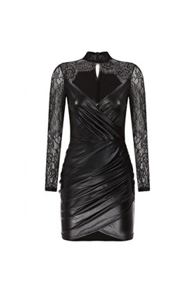 CHOUBAGUAI Femmes Latex Cuir Sexy Mini Robe Floral Dentelle À Manches Longues Mini Robe Crayon pour Clubwear Cocktail Party D