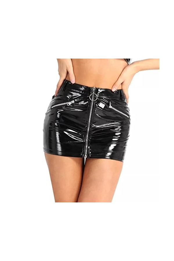 No Name Ltd Mini jupe sexy en vinyle PVC noir brillant stretch super courte effet mouillé en cuir, Noir , 36