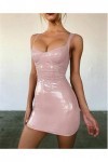 Sexy PU Dos Nu Club Robe Courte Solide Noir Wet Look Latex Moulante Faux Cuir Push Up Gothique Mini Micro Robe Justaucorps-Ro