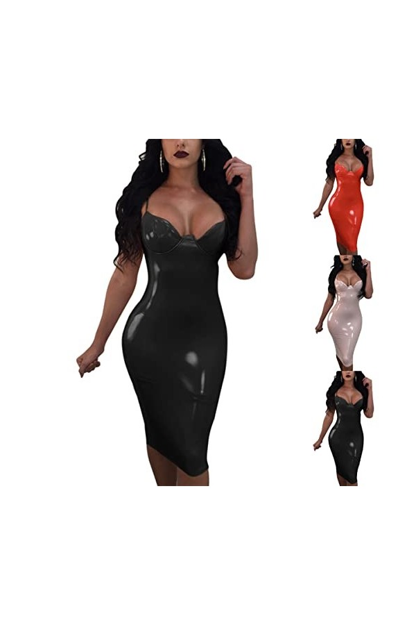 seiveini Robe Sexy en Cuir Femme Robe Moulante Chic Wetlook Clubwear Robe Bodycon de Cocktail Fête Vintage Verni Mini Dress C