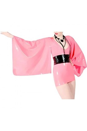 ASNAT Latex Naturel Robe en Latex Sexy Rose et Noir avec Manches Longues Kimono Ceinture à glissière Combinaison Moulante en 