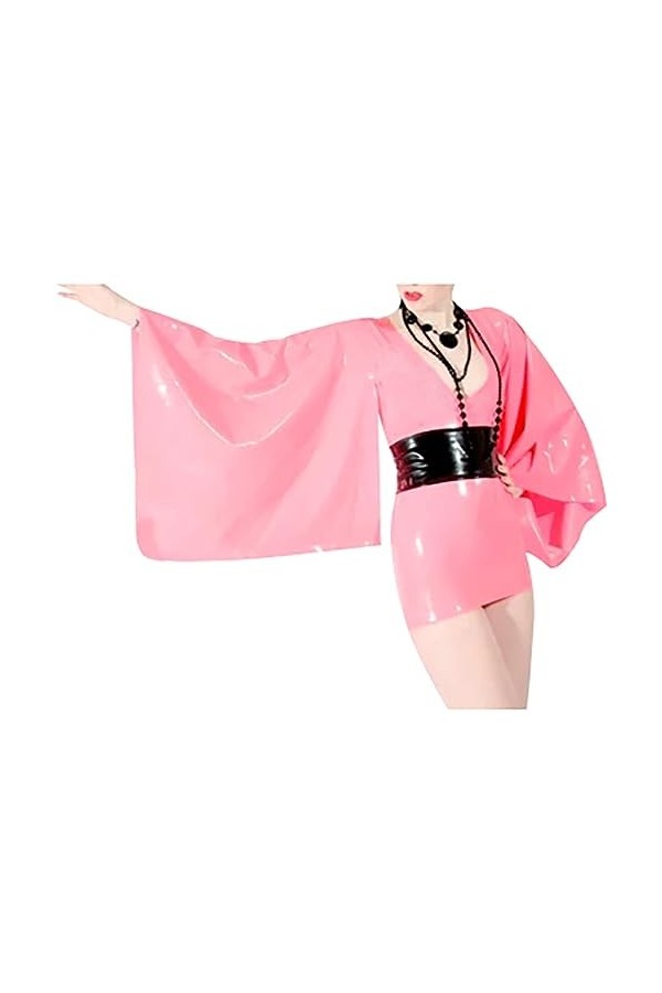 ASNAT Latex Naturel Robe en Latex Sexy Rose et Noir avec Manches Longues Kimono Ceinture à glissière Combinaison Moulante en 