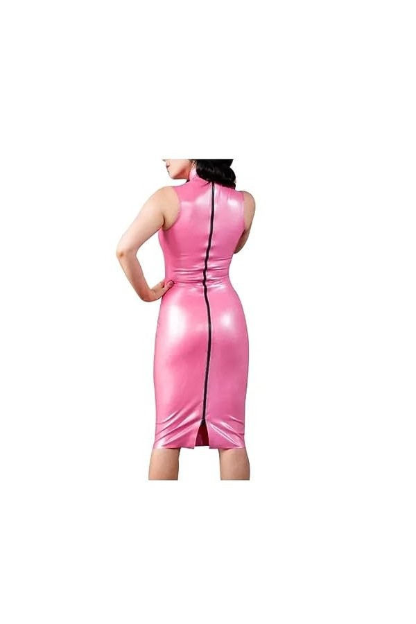 ASNAT Latex Naturel Robes Longues en Latex Rose Sexy sans Manches Longueur Genou Peau Serrée avec Fermeture à Glissière Dos F