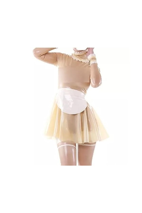 Latex Naturel Robe de Femme de Chambre en Latex Transparent Tablier Col en Dentelle avec Fermeture à glissière au Dos, Bleu f