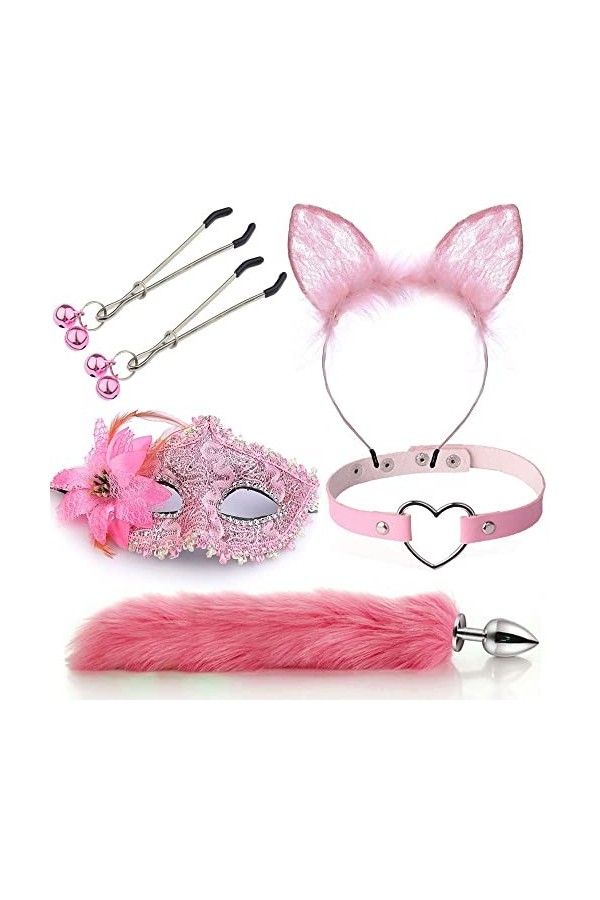 BioPljSet de 5 Accessoires M nons En Peluche Pour Or lles de Chat En Fourrure Pour Cosplay N ht Party Pink D532