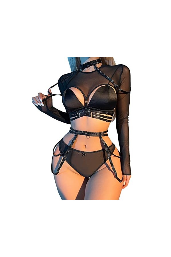 Robe en cuir pour femme - Robe sexy en cuir verni - Manches longues - Robe en cuir synthétique - Robe plissée sans manches - 