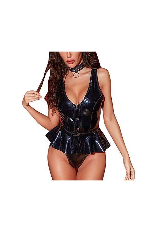 KBOPLEMQ Mini robe effet mouillé pour femme - Robe de soirée sexy - Clubwear - En cuir - Lingerie sexy - Body Nighterdres - L