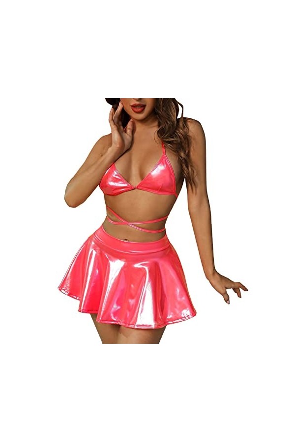 Robe sexy en cuir verni pour femme - Mini robe avec bretelles - Clubwear - Pour fête - Bodycon - En cuir synthétique - Noir -