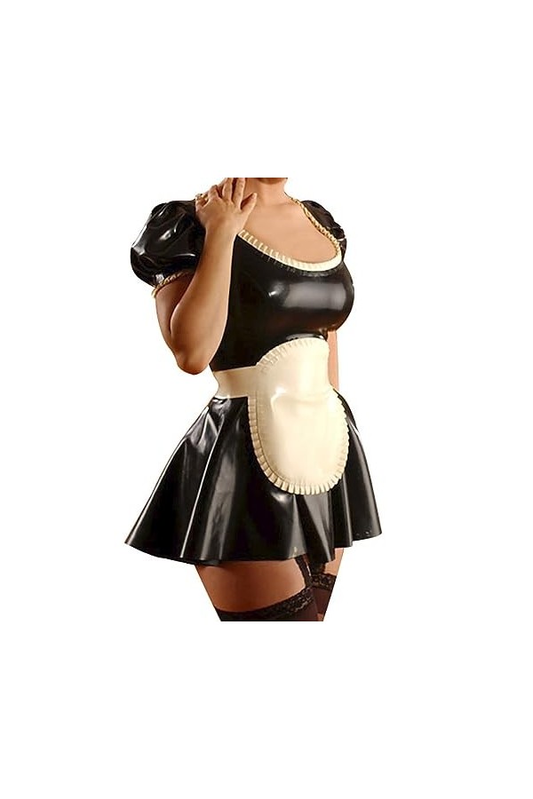 ASNAT Latex Naturel Manches Courtes Bouffantes Noires Et Blanches Robe Sexy en Latex De Femme De Chambre Française avec Tabli