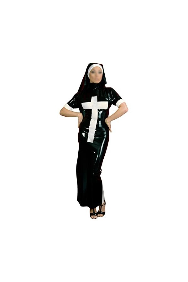 Latex NaturelRobe Longue en Latex avec Garnitures dhabitude de Nonne sur Les côtés, Couvre-Chef, Combinaison Moulante Unifor