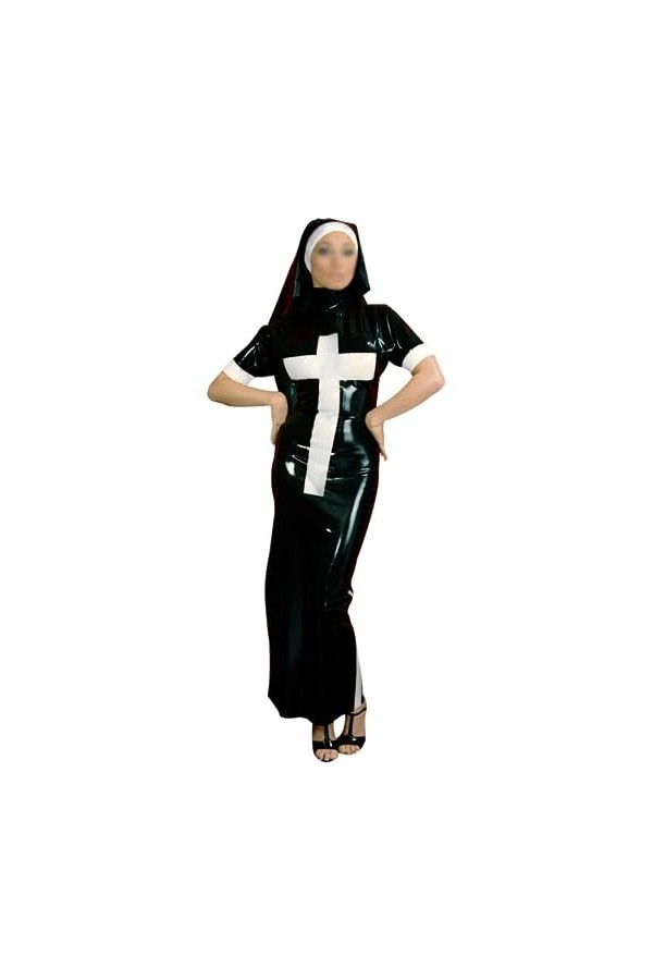 Latex NaturelRobe Longue en Latex avec Garnitures dhabitude de Nonne sur Les côtés, Couvre-Chef, Combinaison Moulante Unifor
