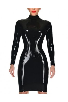 ASNAT Natural latex100% Latex Dress High Collar Catsuit Corset Design Leotard with Back Zipper Rubber Mini Skirt,Black,L