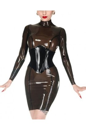 ASNAT Latex Naturel Robe 100% Latex Catsuit Noir Transparent à Col Haut avec Justaucorps Design Corset Noir avec Fermeture Éc