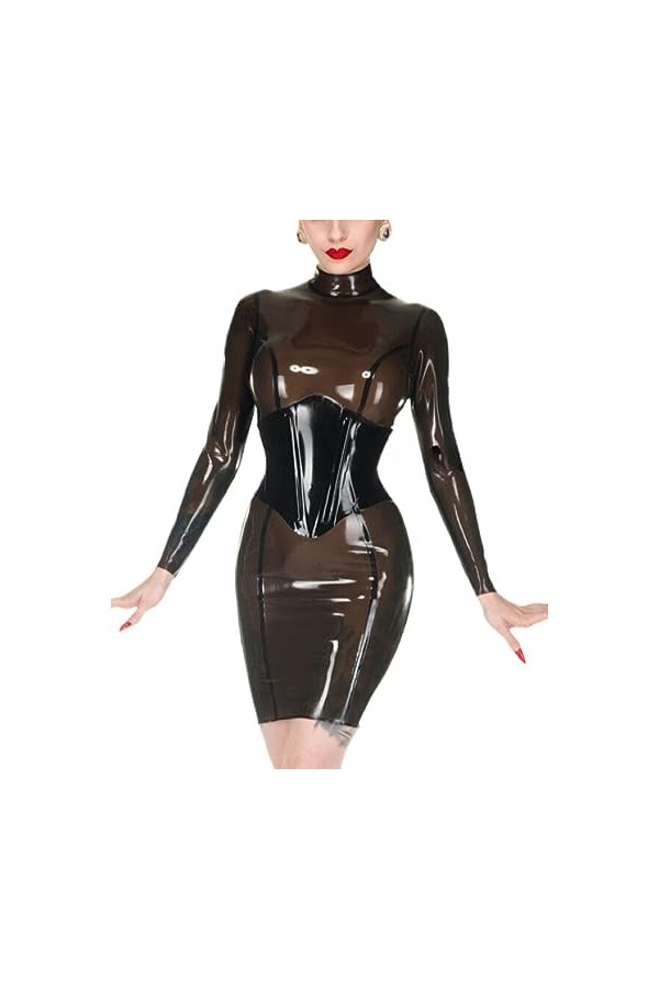 ASNAT Latex Naturel Robe 100% Latex Catsuit Noir Transparent à Col Haut avec Justaucorps Design Corset Noir avec Fermeture Éc