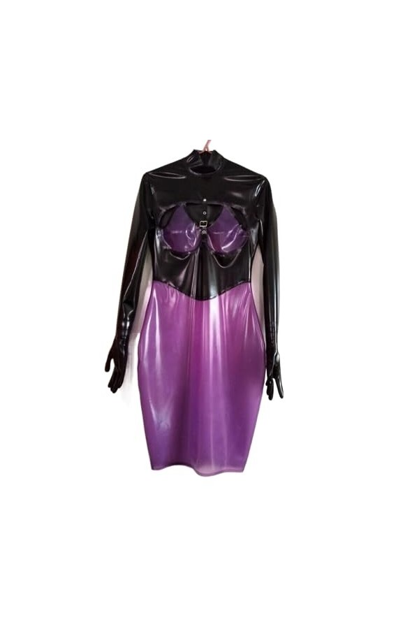 ASNAT Robe en Latex Naturel 100% Latex Noir et Violet avec Jupes à Cinq Doigts, XS