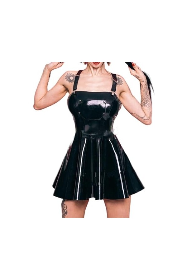 ASNAT Robe en Latex Naturel 100% Naturel, Jupe à Bretelles en Caoutchouc, Latex Noir, Robe trapèze avec Petite Poche Avant, B