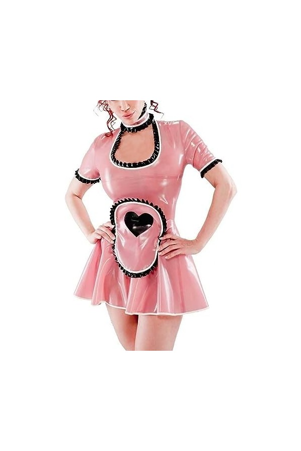 ASNAT Robe en Latex Naturel avec Fermeture éclair dans Le Dos, Tablier à Manches Courtes avec Garnitures en Forme de cœurs, U
