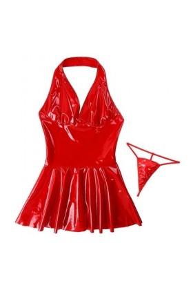 AYAZER Robe Moulante Sexy Rouge Noir Simili Cuir M-4XL Femmes Dété sans Manches Col en V Dos Nu PVC Latex Mini Robe Robes De