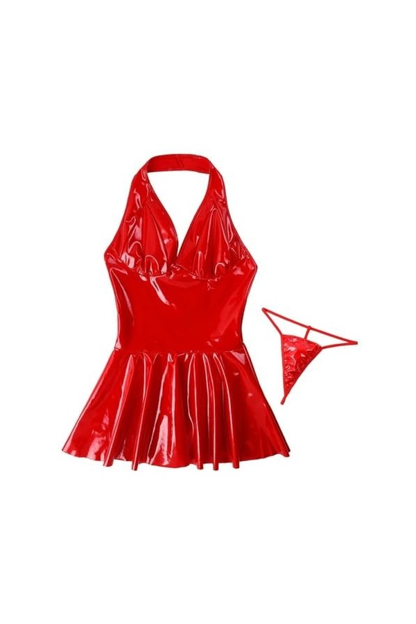 AYAZER Robe Moulante Sexy Rouge Noir Simili Cuir M-4XL Femmes Dété sans Manches Col en V Dos Nu PVC Latex Mini Robe Robes De