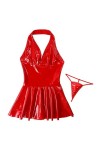 AYAZER Robe Moulante Sexy Rouge Noir Simili Cuir M-4XL Femmes Dété sans Manches Col en V Dos Nu PVC Latex Mini Robe Robes De