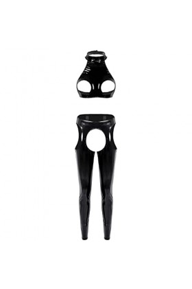 Oyolan Ensemble Sexy Femme Cuir Verni Ouverte Soutien-Gorge Sein Nu avec Legging Ouvert Entrejambe Erotique Costume S-4XL Typ