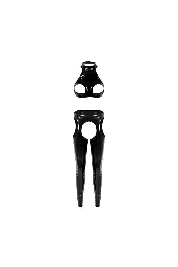Oyolan Ensemble Sexy Femme Cuir Verni Ouverte Soutien-Gorge Sein Nu avec Legging Ouvert Entrejambe Erotique Costume S-4XL Typ