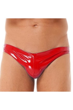 Kaerm Slip Homme en Cuir String Latex Taille Basse Poche Bombée ?Bouton Pression Clubwear M-4XL Rouge XXL