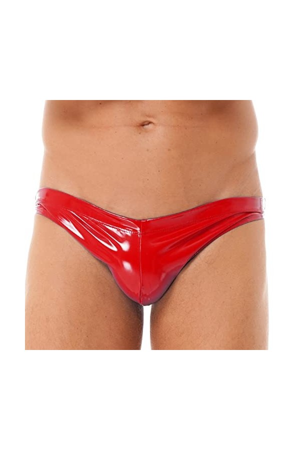 Kaerm Slip Homme en Cuir String Latex Taille Basse Poche Bombée ?Bouton Pression Clubwear M-4XL Rouge XXL
