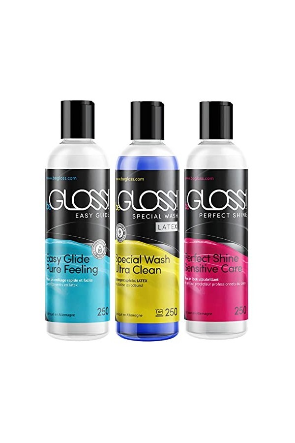 Latex Care SET 250 - Perfect SHINE-Latex Polish - Easy GLIDE-Latex Dressing AID Spécial WASH LATEX-Détergent spécial