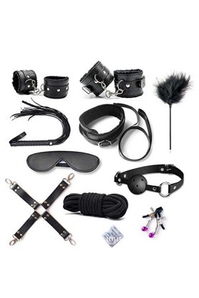 Marilia Ensemble de 10 pièces en Cuir Noir Happy Sport BDSM