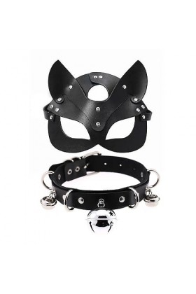 Collier cloche en cuir +Masque demi-visage，Accessoires pour Femme Jeux de Costume