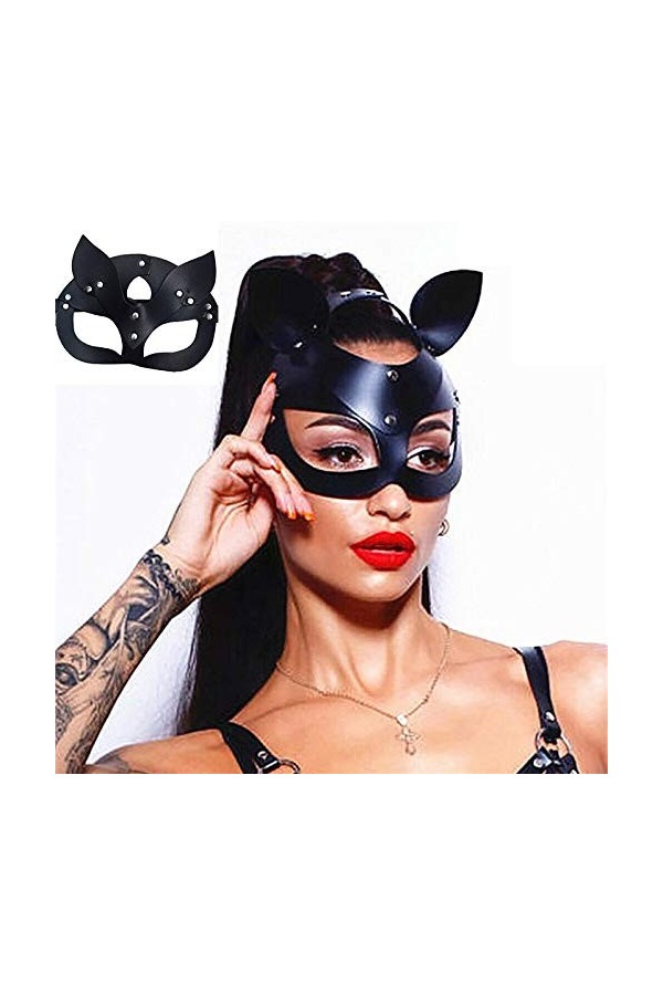 LASIEYO Masque de Catwoman Halloween, Masque Catwoman, Masque en Cuir PU Noir, Demi Masque Noir, Masque de Cuir de Chat de Vi